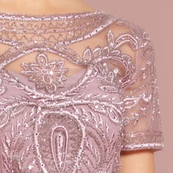 NEW LONG CHIFFON A-LINE DRESS WITH CAP SLEEVES EMBROIDERED WITH LACE GL2683 - Picture 5 of 13